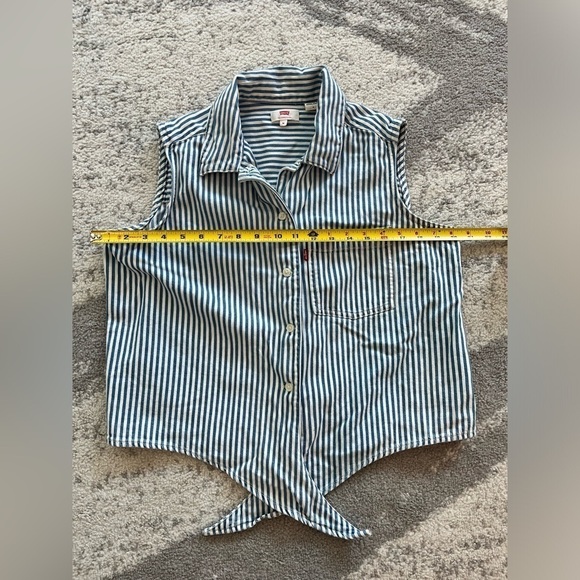 Levi's Women's Med Blue White Stripe Sleeveless Tie Denim Tank Patriotic Summer - Picture 5 of 7